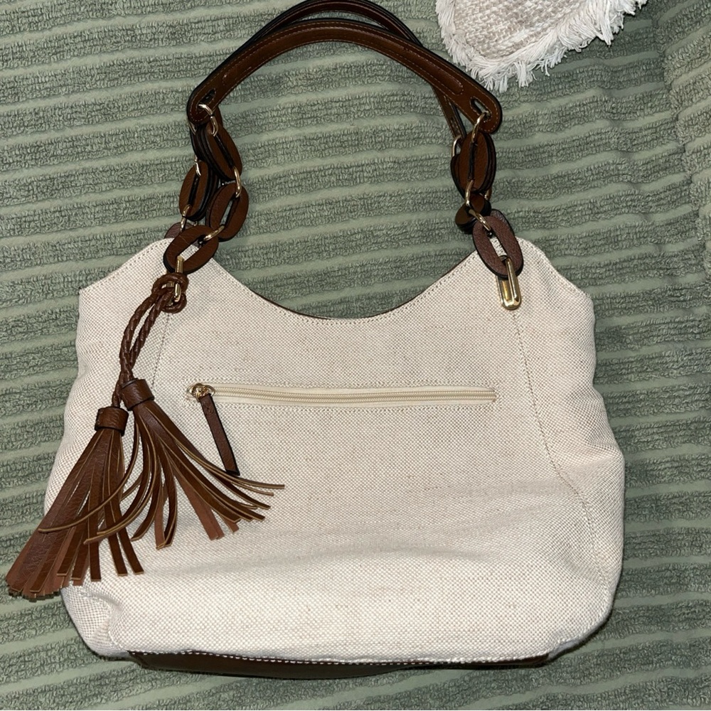 Cream Canvas Hobo Bag with Brown Tassel Handles